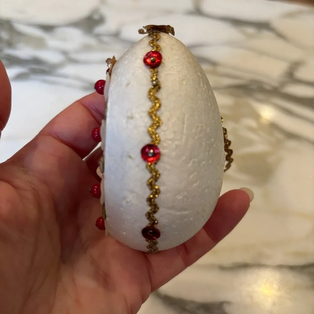 Vintage Diorama Santa Ornament White Egg Sequins Beads Retro